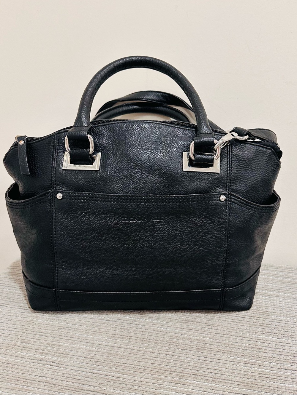 Tignanello Black Pebbled Leather Satchel Shoulder Bag Purse Monogram Lining